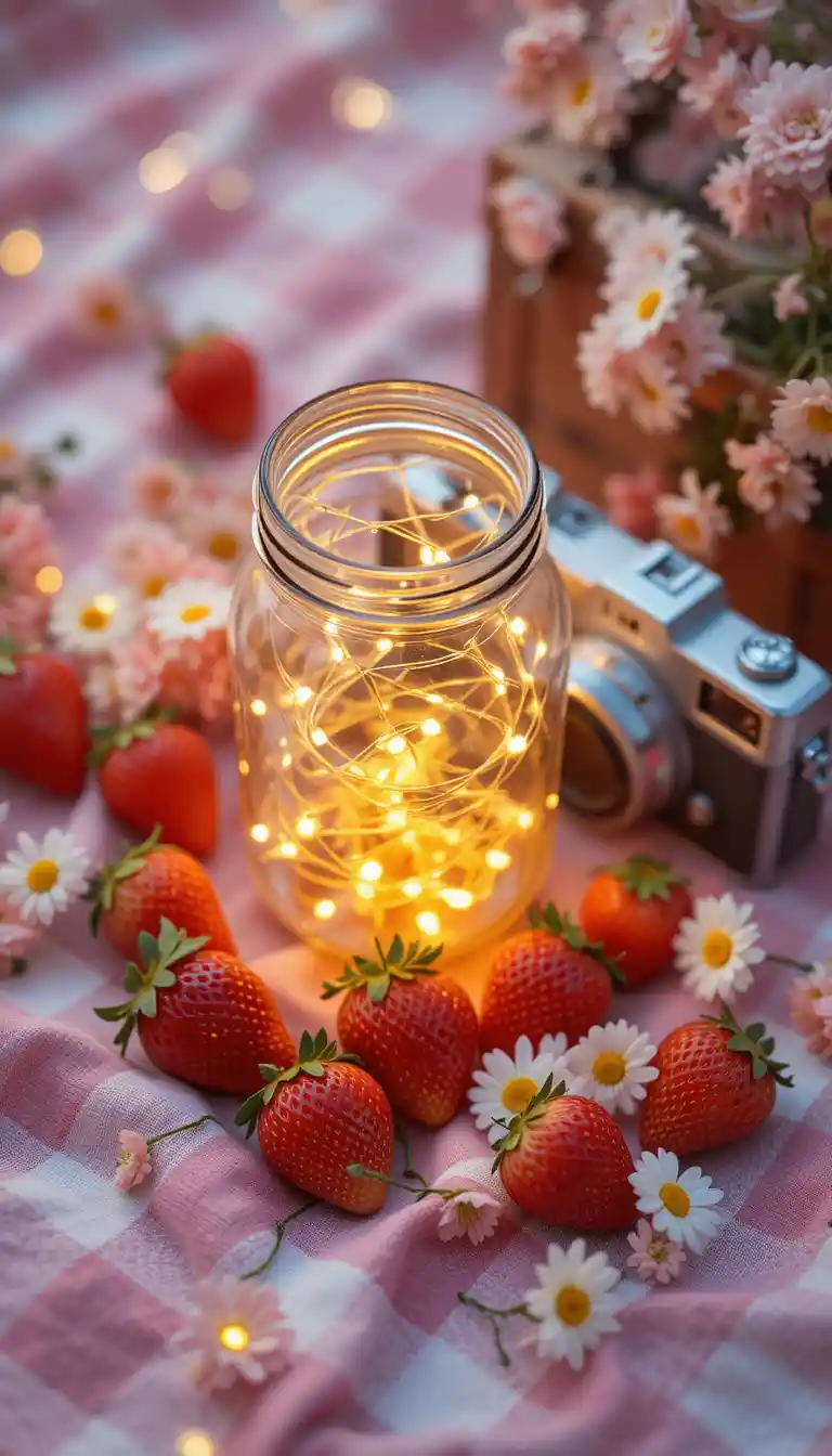 Glowing fairy lights in a mason jar at summer picnic