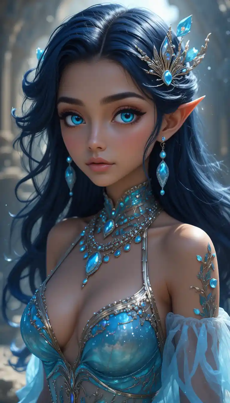 Dark skinned mermaid nymph in elegant aquatic attire