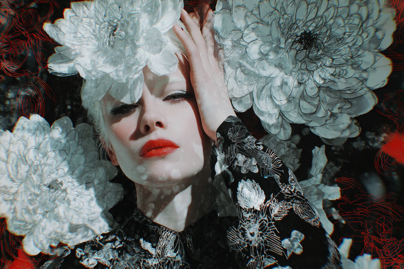 Albino woman in surreal black floral paper dress pose