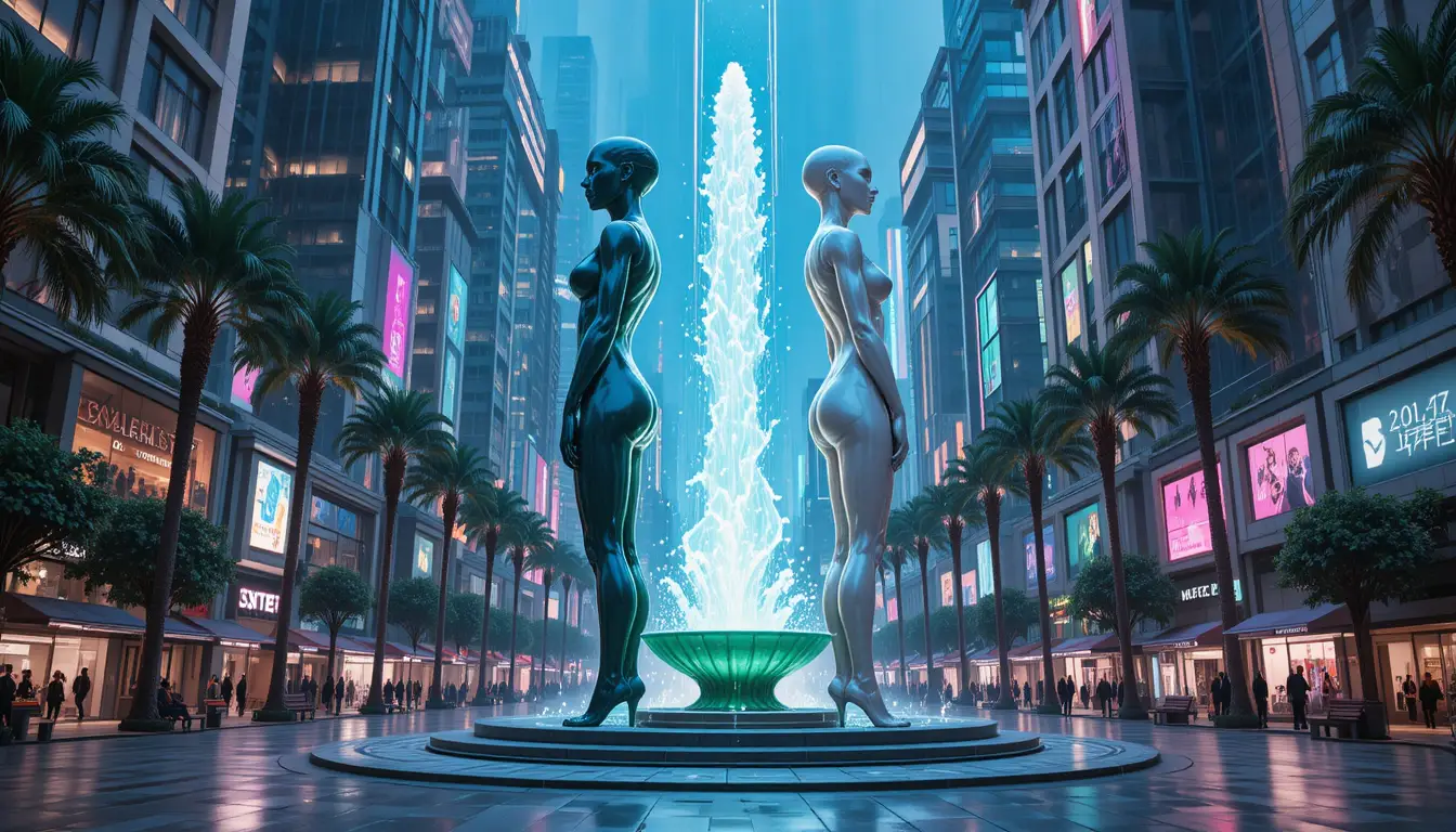 Latex twin figures monument in a futuristic city plaza