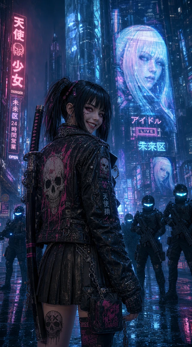 Punk anime girl with katana in neon cyberpunk street