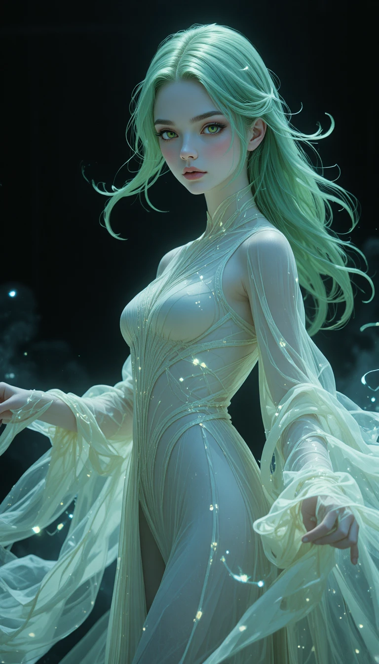 Ethereal anime spirit girl in flowing pale robes