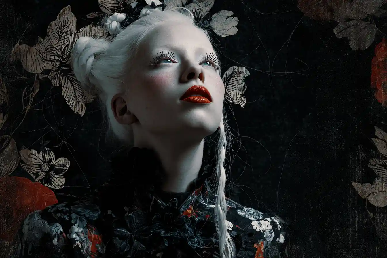 Albino woman in surreal black floral dress with strange pose