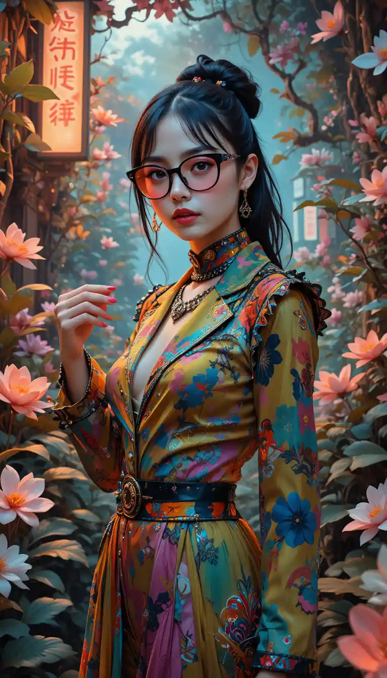 Surreal woman in avant garde fashion amid glowing jungle