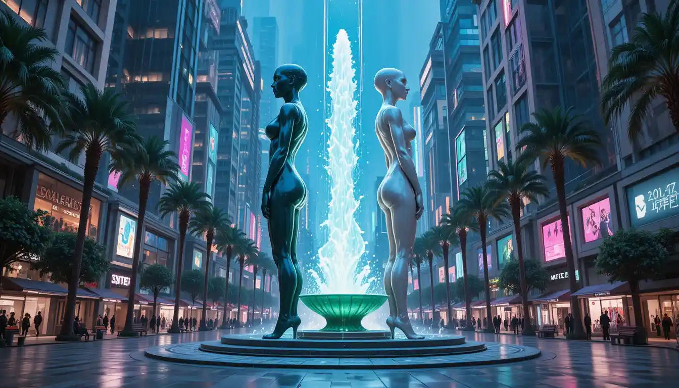 Latex twin figures monument in a futuristic city plaza