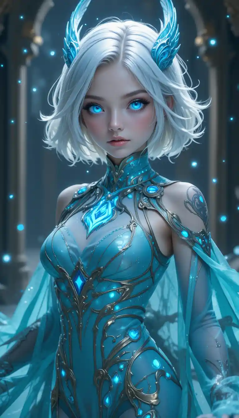 Slim anime girl with glowing antlers in turquoise robes