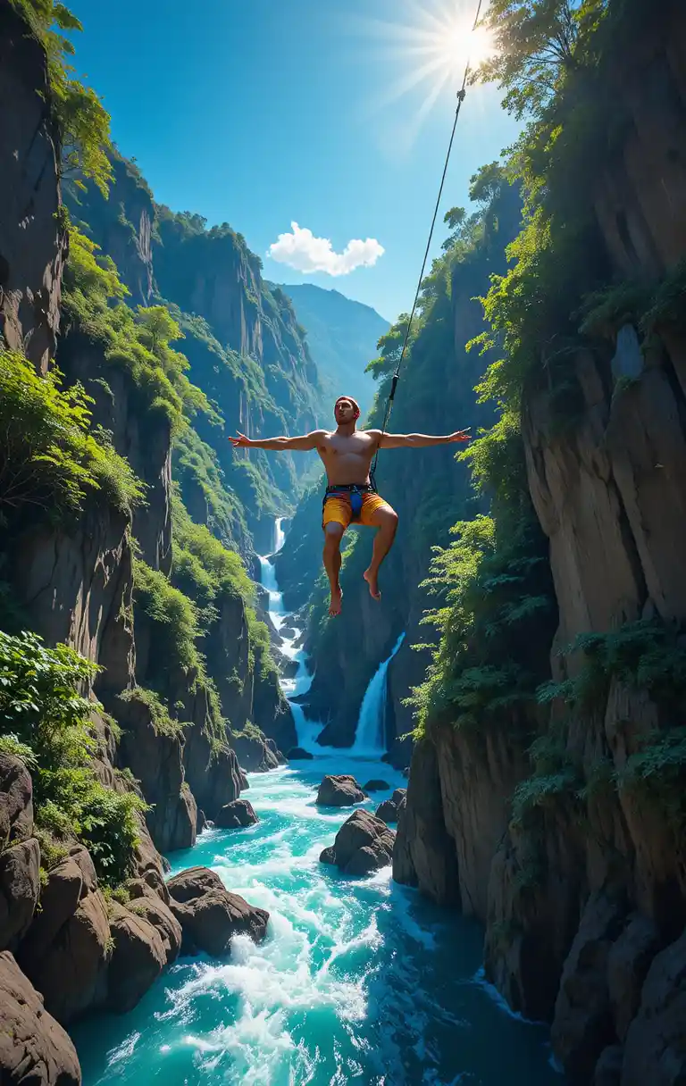 Man bungee jumping above a wild river gorge