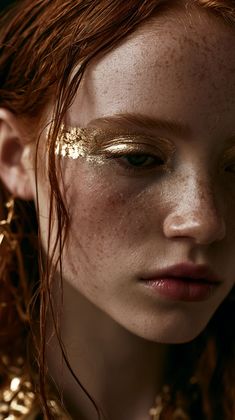 Red haired woman in cinematic close up portrait with gold makeup