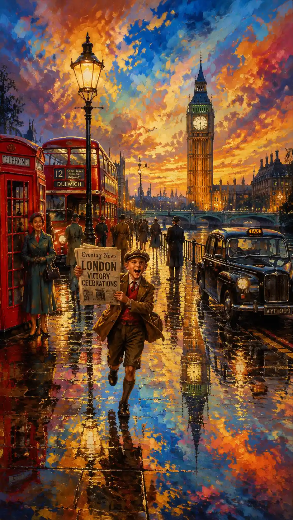 Vibrant London street with buses and glowing river reflections
