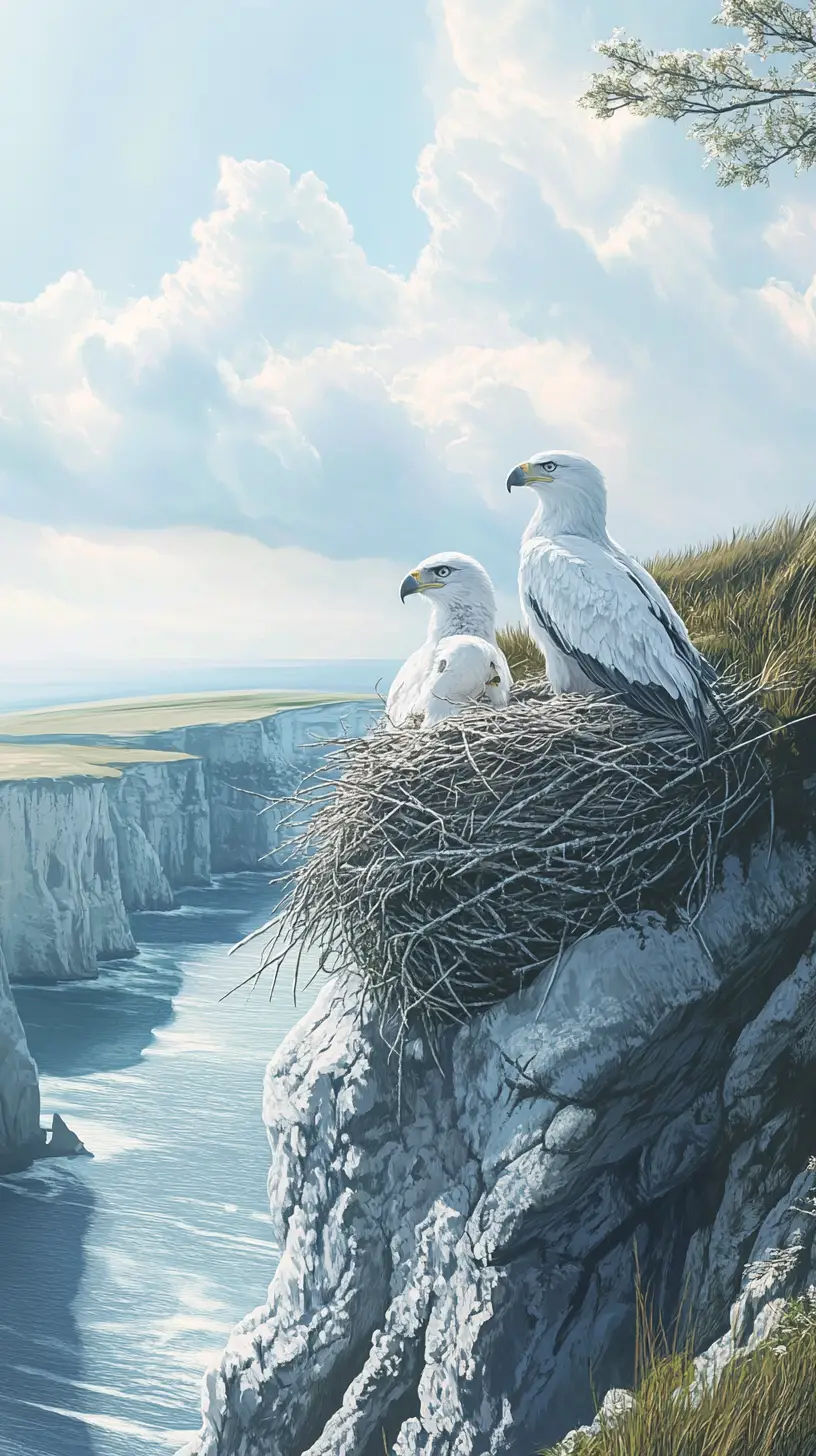 Eagle family resting in a cliffside nest above the sea