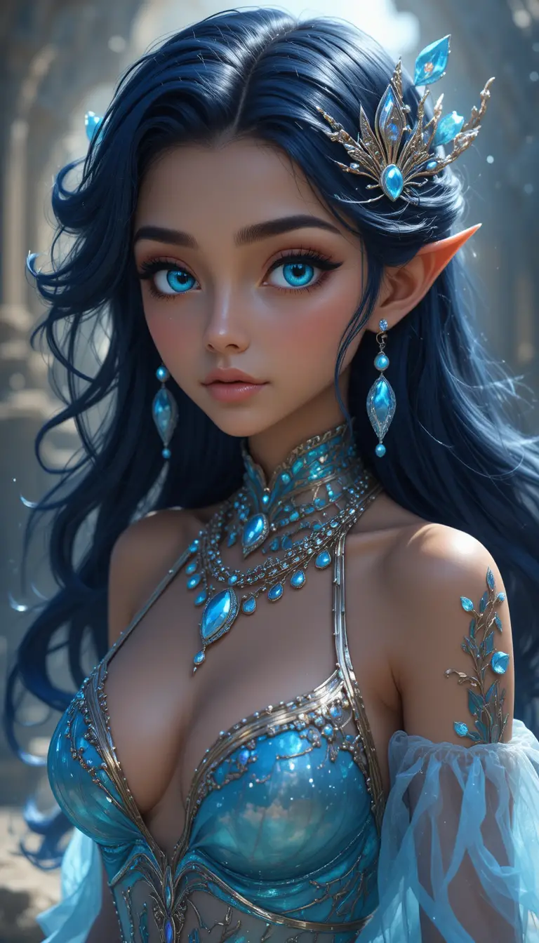 Dark skinned mermaid nymph in elegant aquatic attire
