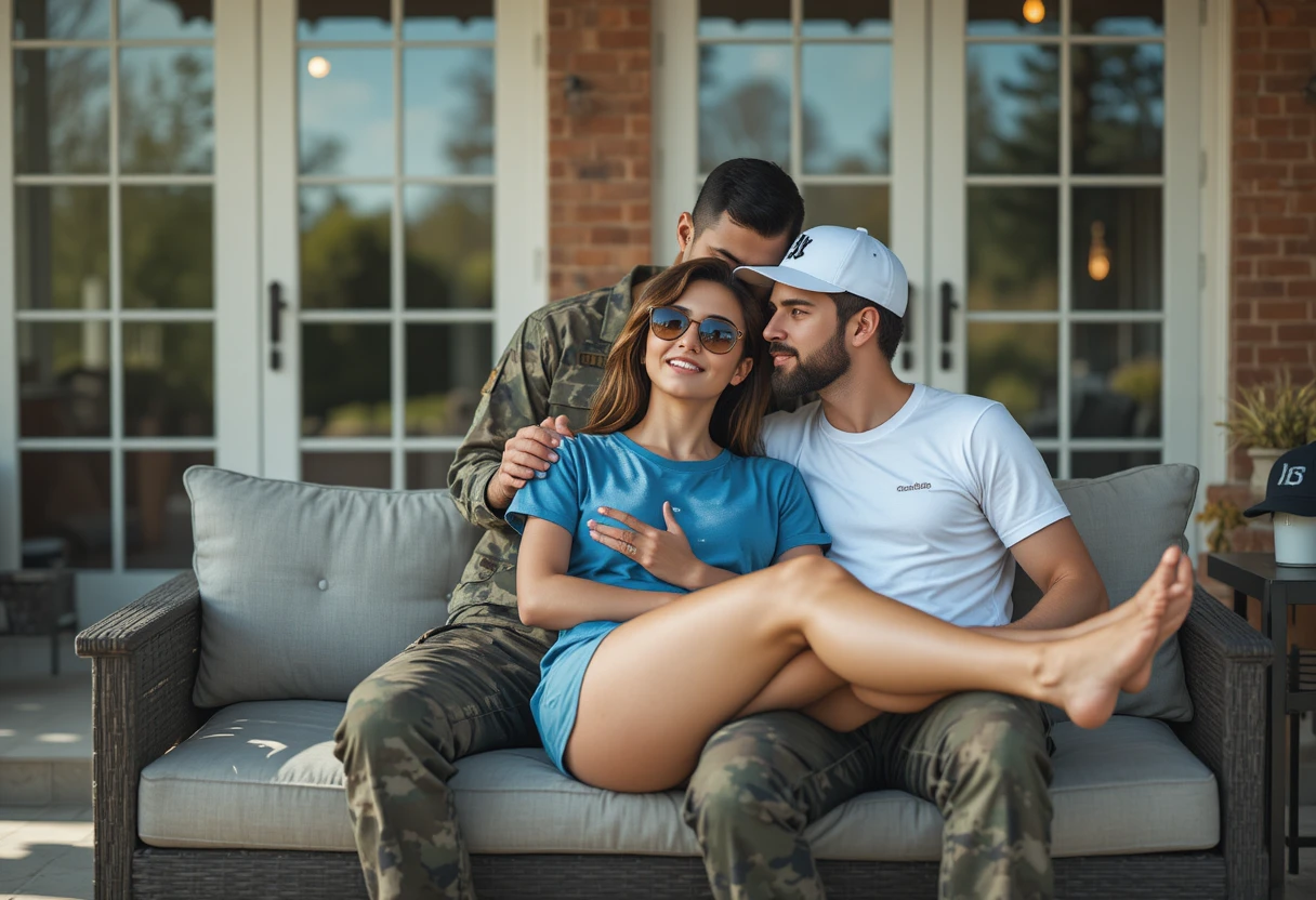 Military man leaning over woman relaxing on outdoor sofa