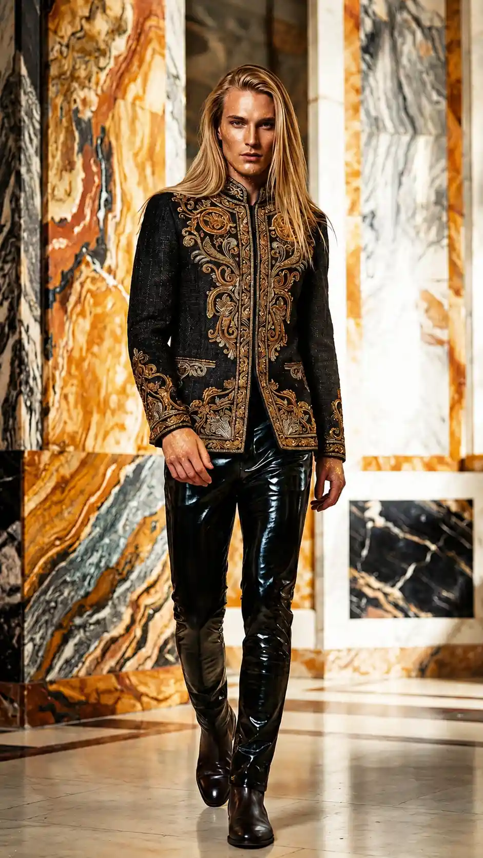 Elegante modello maschile biondo in ritratto di moda mistico