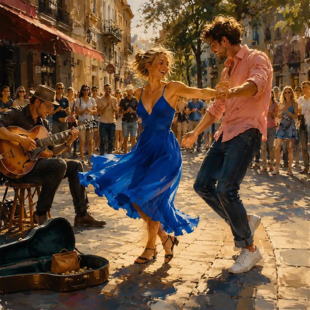 Couple dancing swing with street guitarist on sunny city street