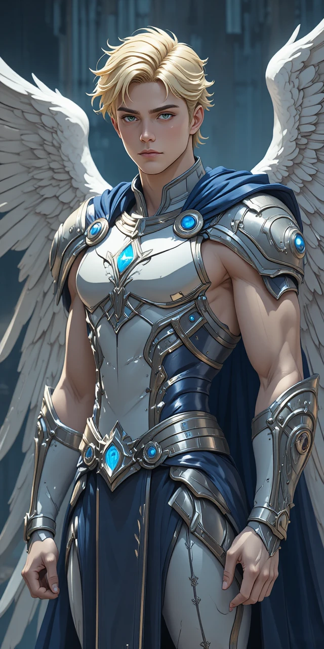 Angel winged warrior in silver divine armor with blue cape