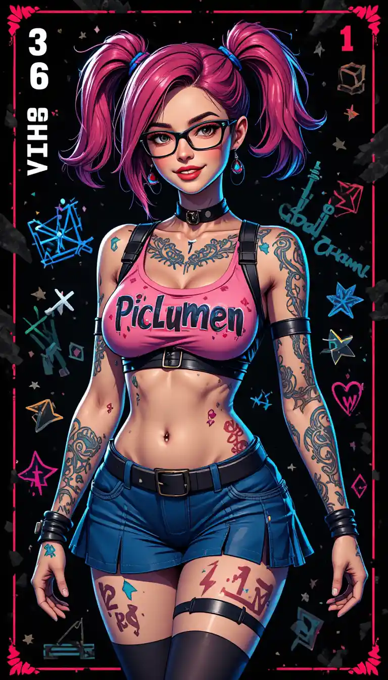 Smiling tattooed woman card character in casual outfit
