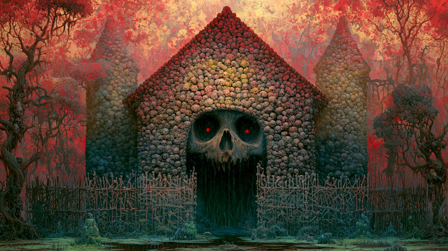 Haunted skull mansion with gaping maw in nightmare forest