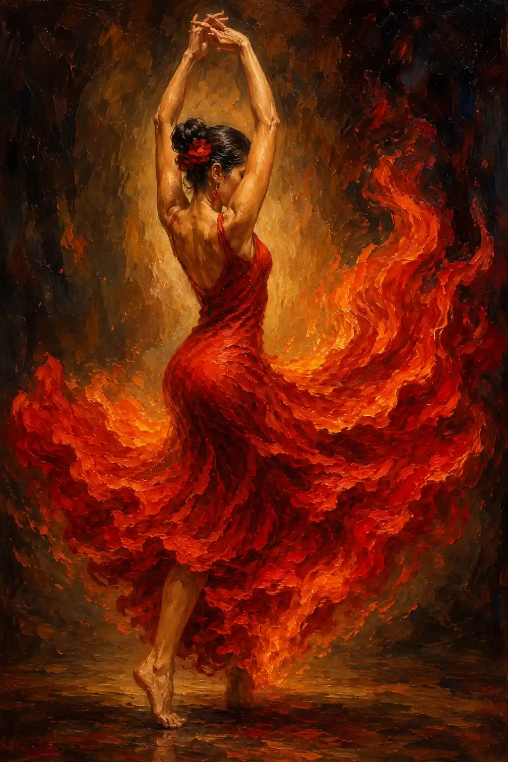 Elegant flamenco dancer in a swirling red dress
