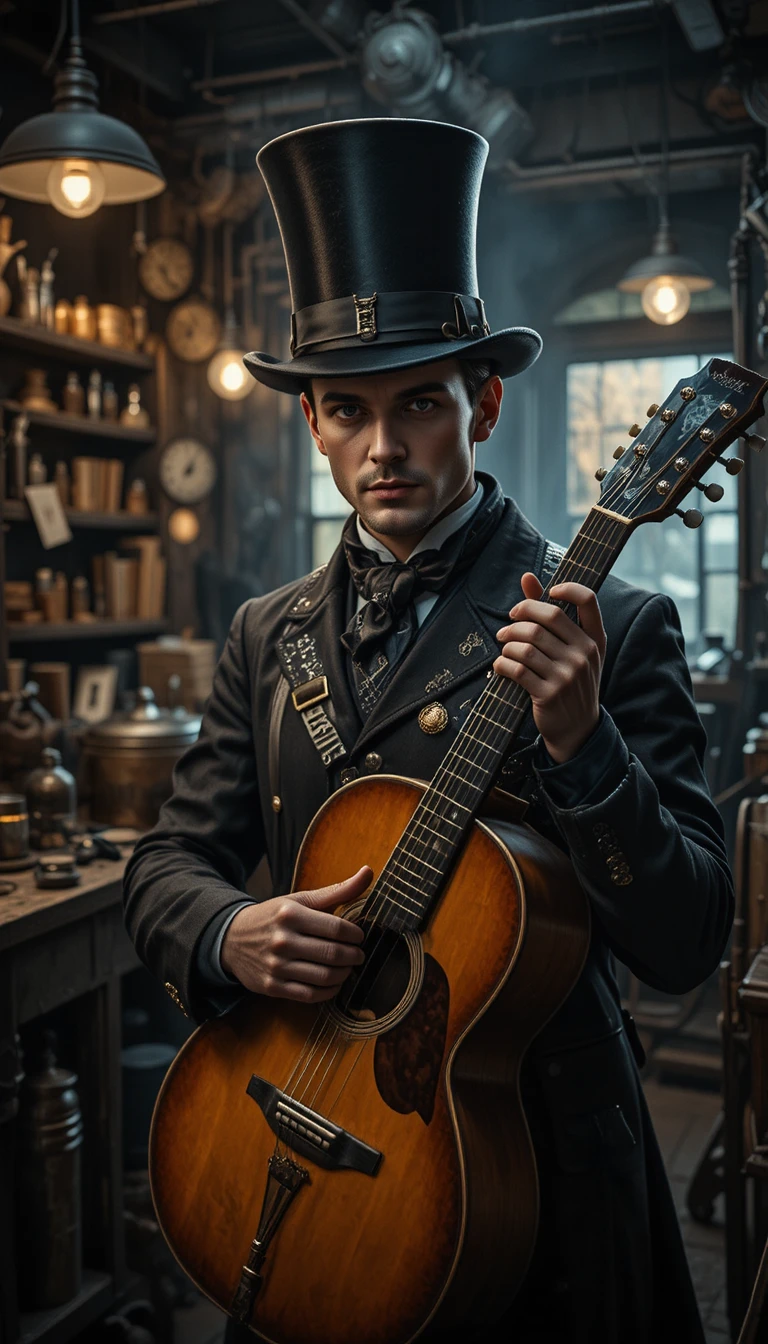 Steampunk-Mann mit Gitarre in Schmiedewerkstatt