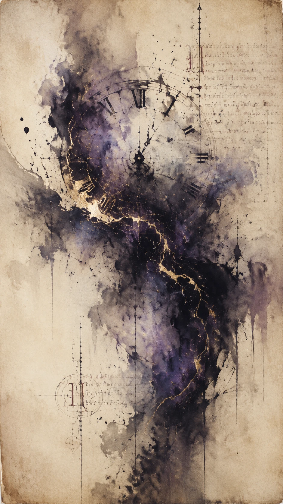 Abstract dissolving clock shapes in flowing ink washes