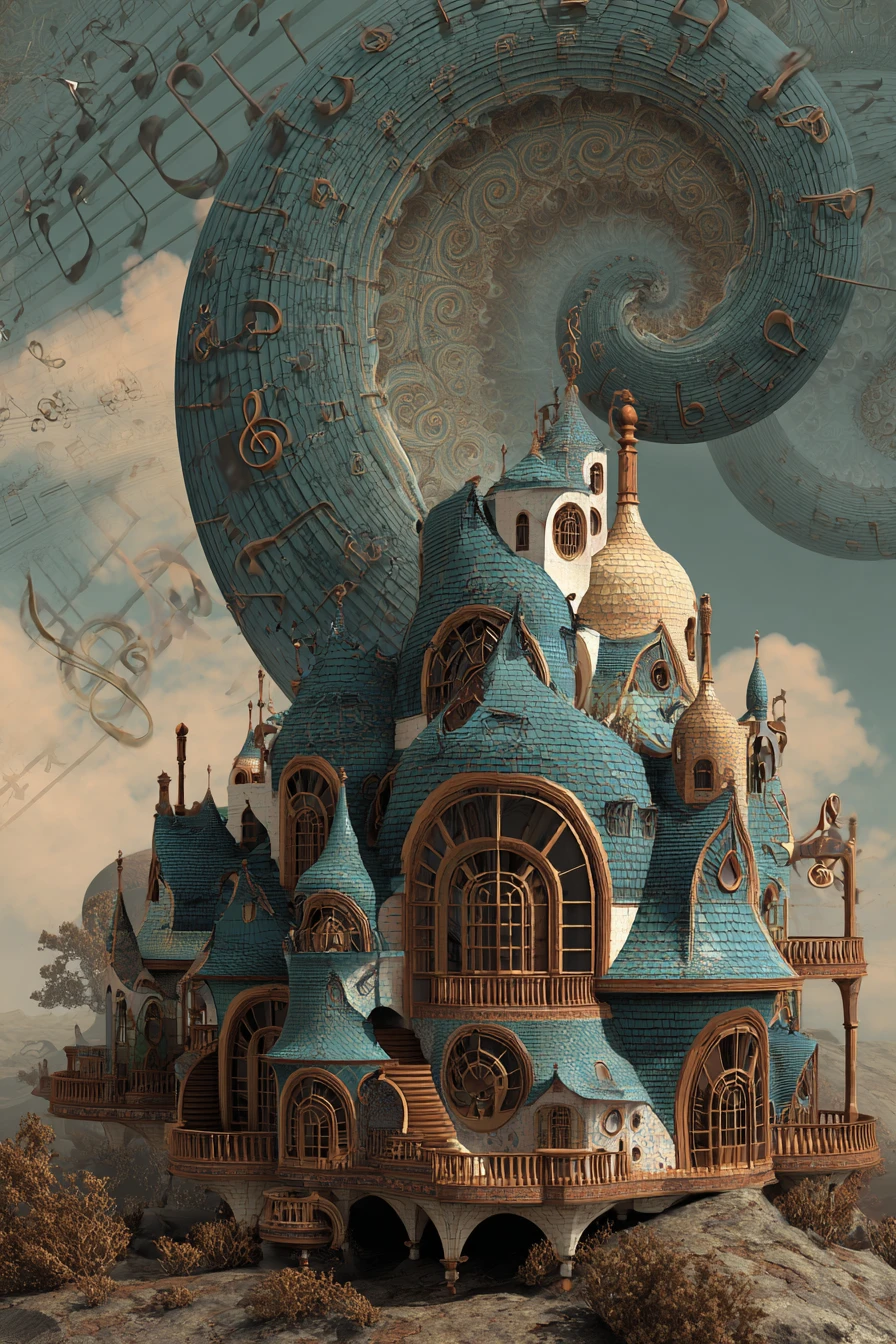 Magical fractal house in a dreamy musical fantasy world