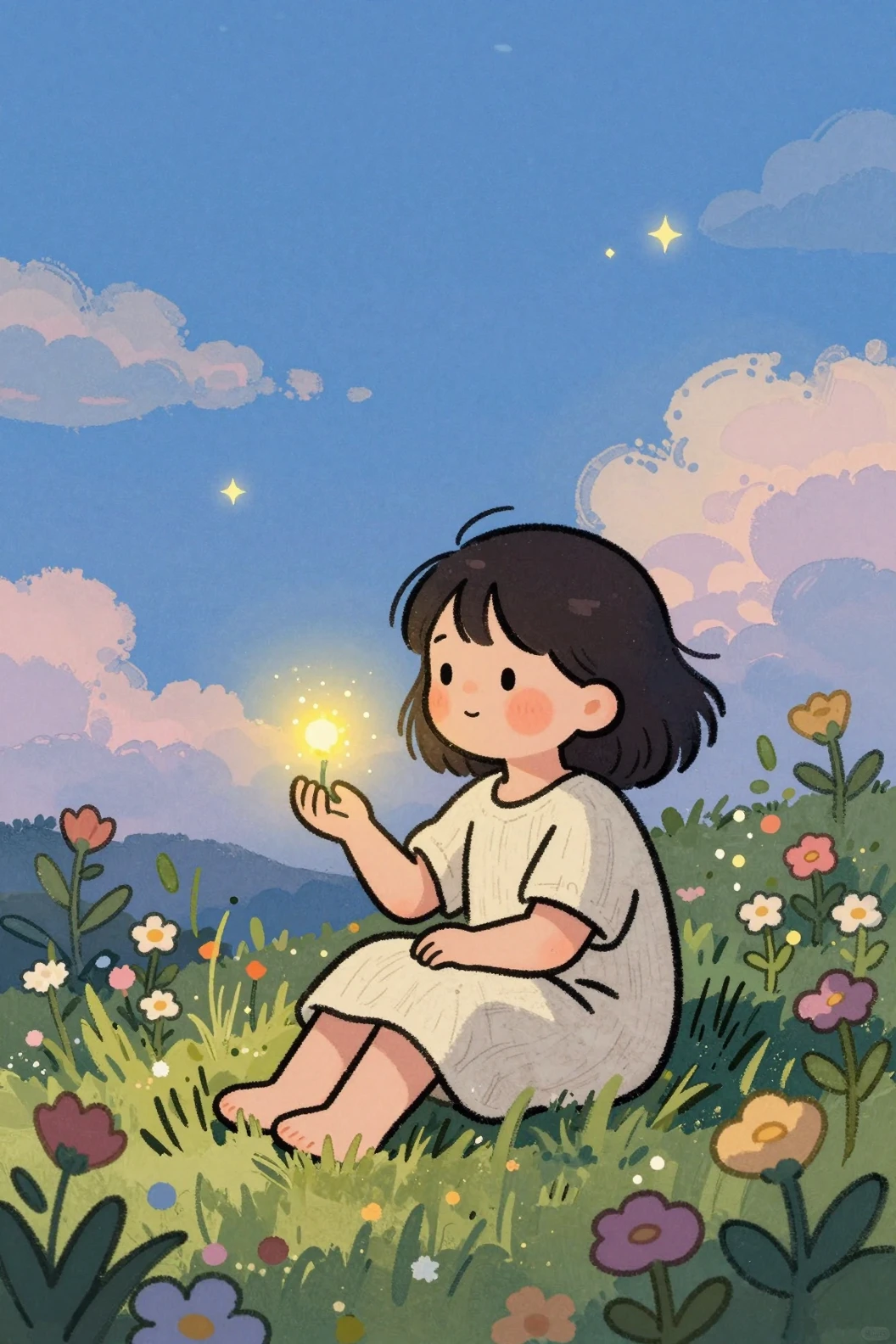 Cute girl in wildflower garden at twilight with fairy light
