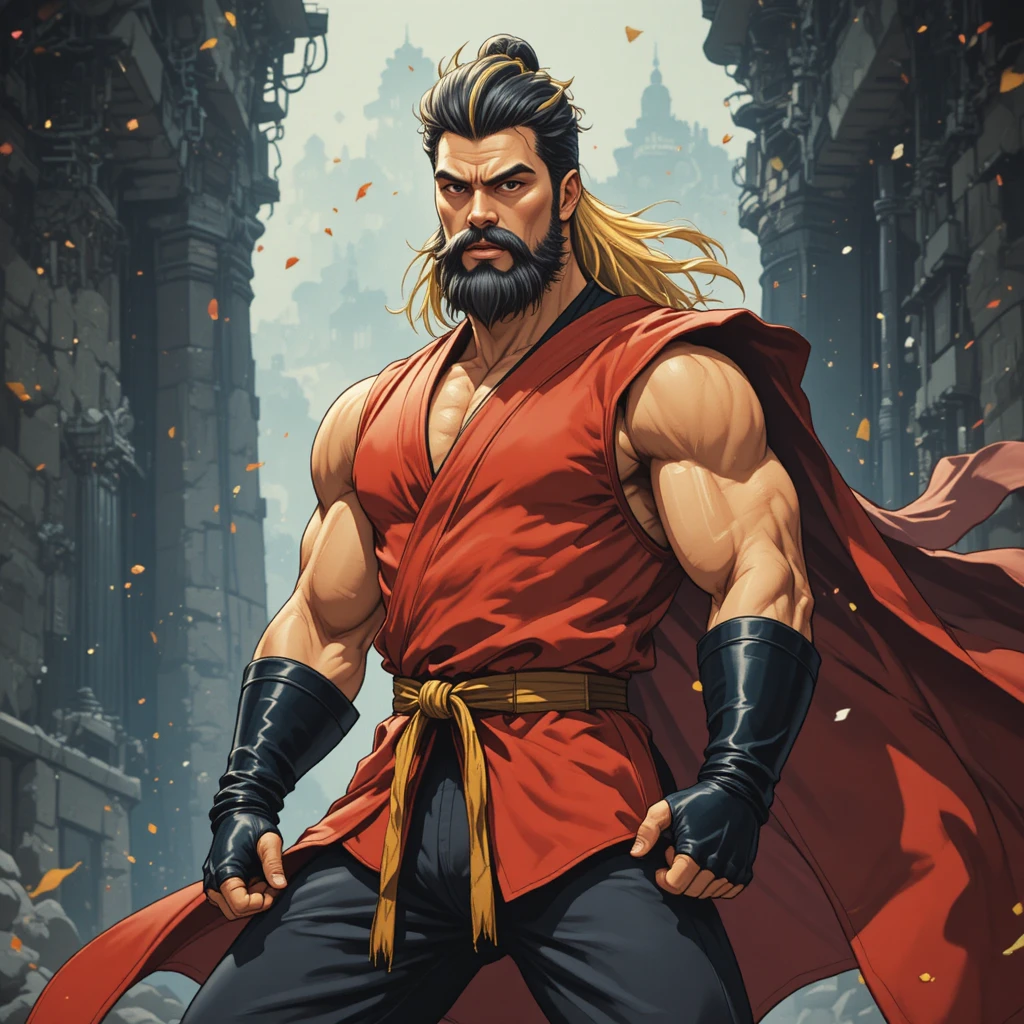 Muscular martial artist with cape in retro anime style