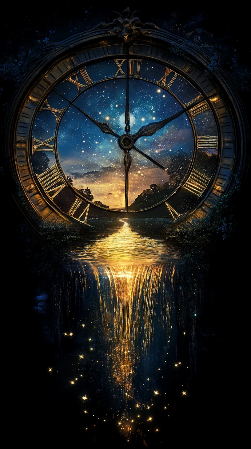 Glowing River Of Time Flowing Through Fragmented Clock