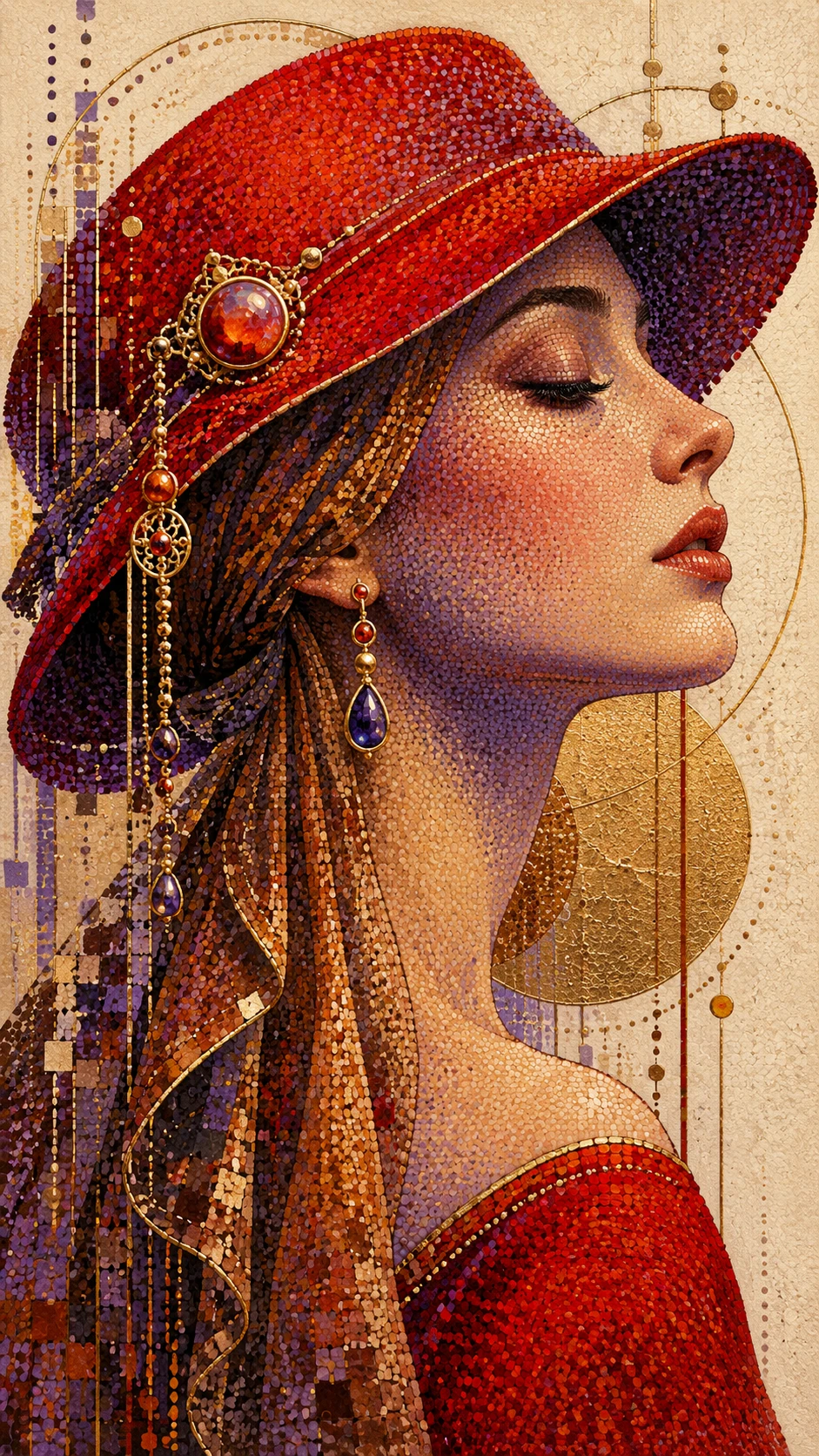 Retrato puntillista de perfil de una chica con sombrero rojo