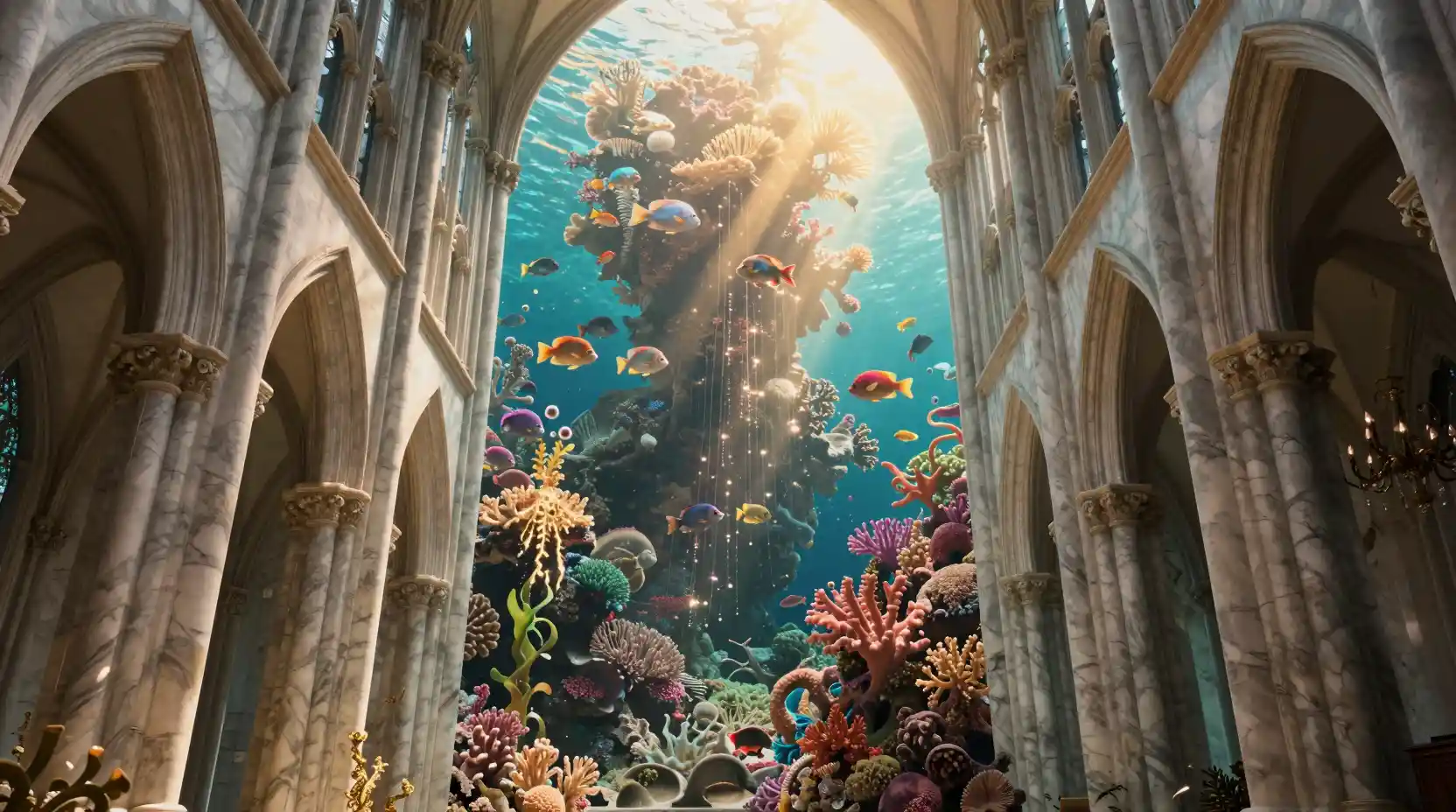 Surreal cathedral interior opening into a vast underwater sky