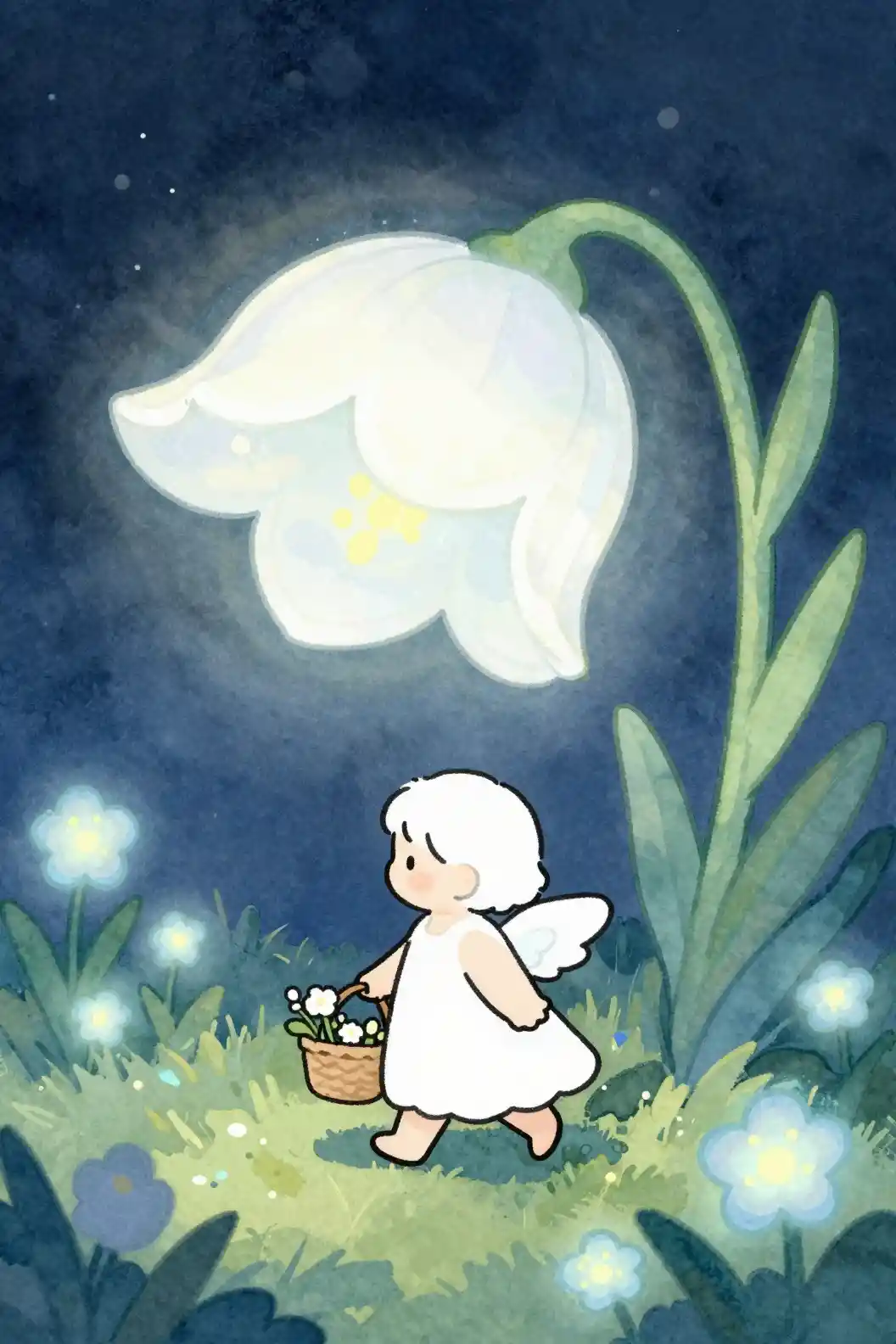 Cute little angel under a glowing giant bluebell