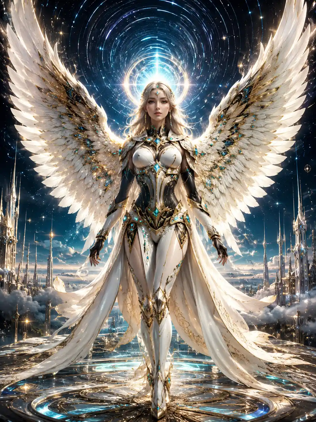 Futuristic archangel woman with luminous white wings
