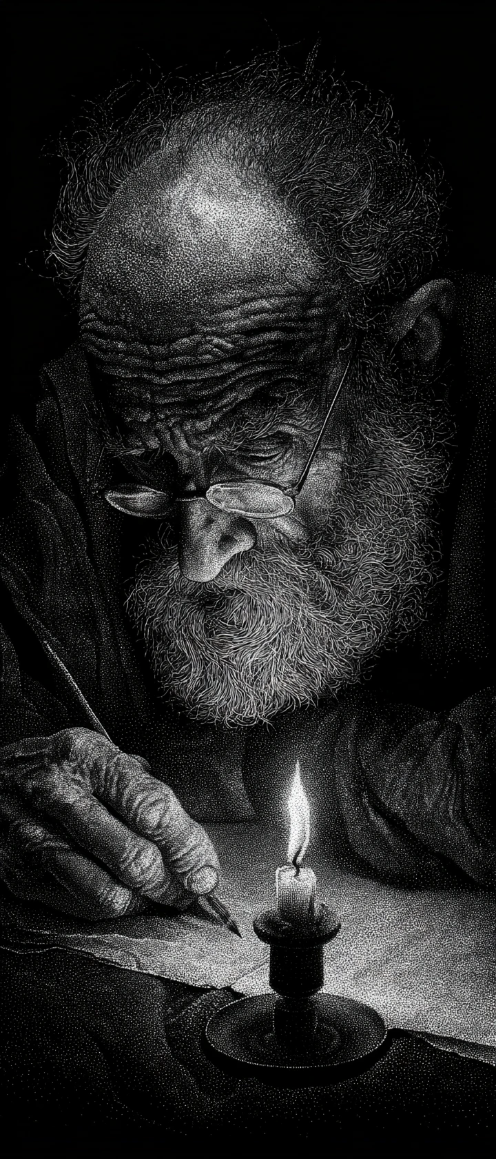 Elderly scholar studying by candlelight in stippling portrait