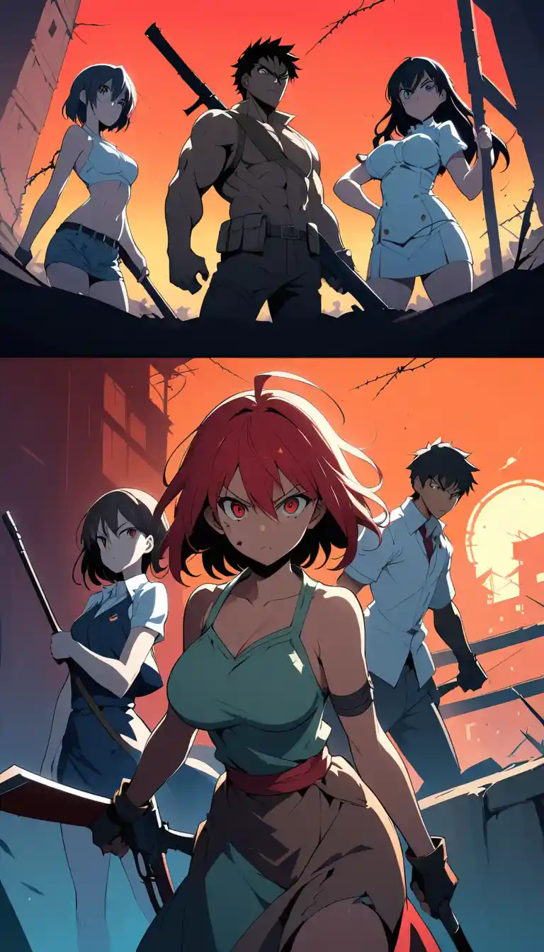 Armed anime students stand together in a tense formation