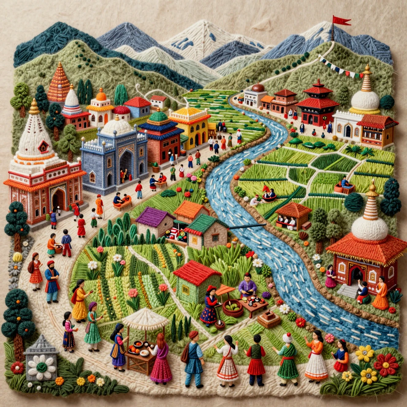 Top view woolen diorama of a unified South Asian landscape