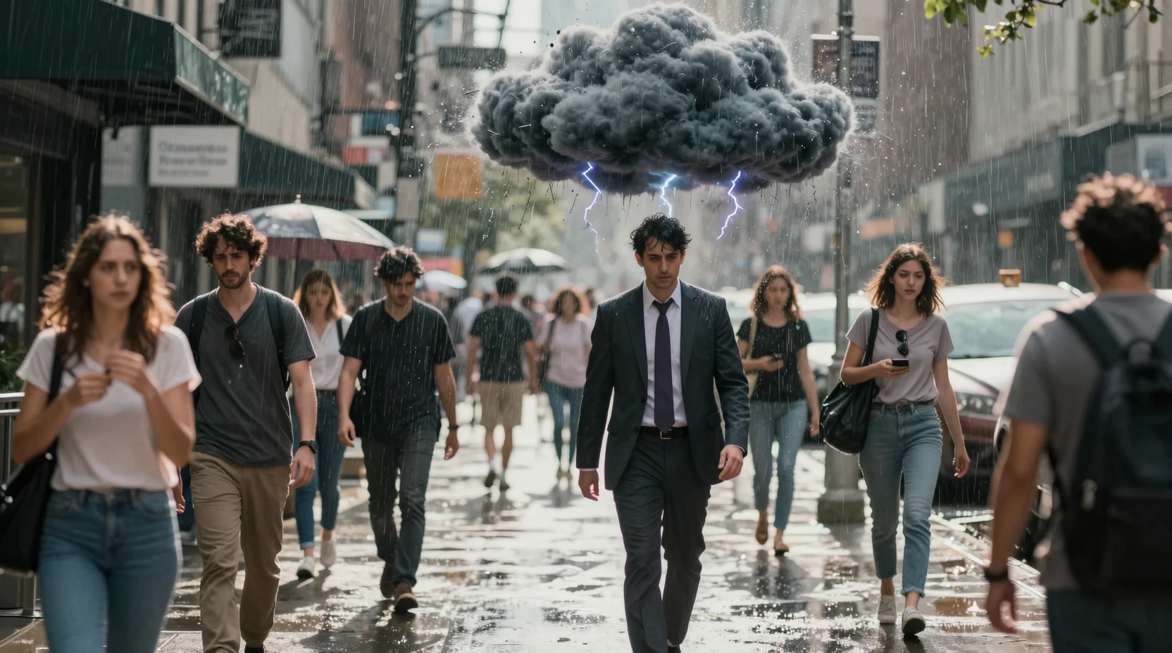 Businessman Under A Tiny Storm Cloud On Sunny City Street