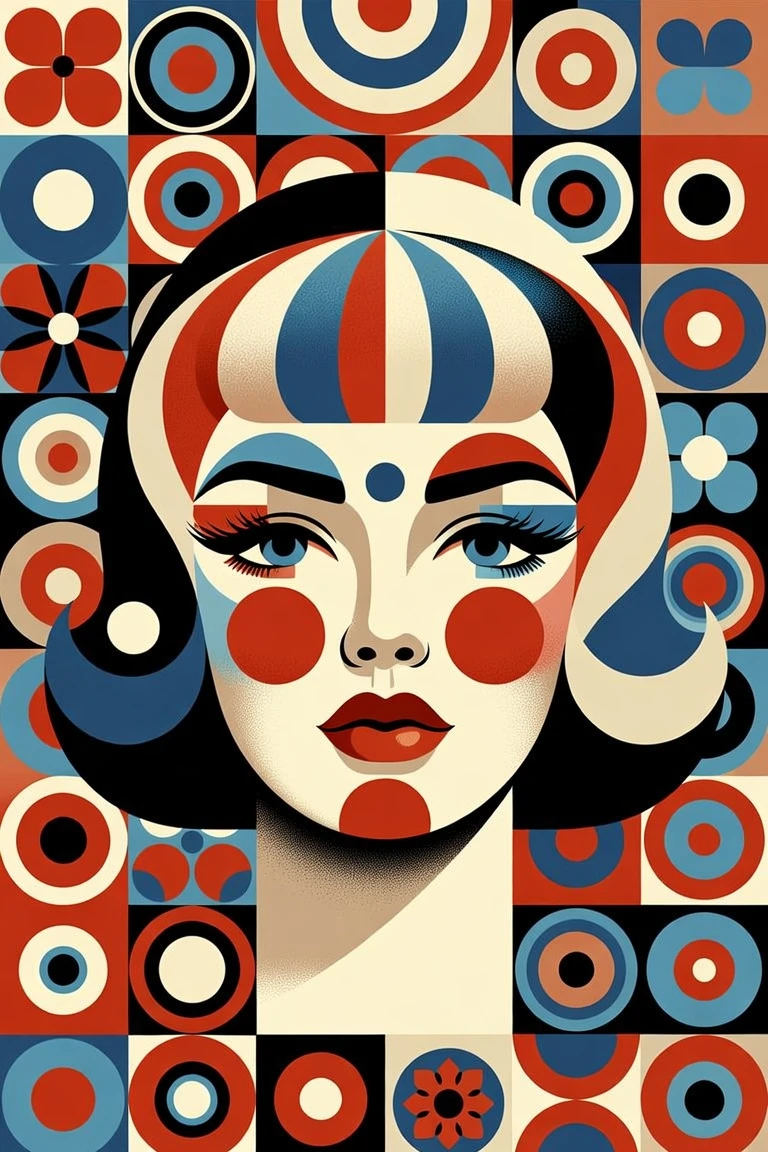 Bold 1960s pop art portrait of a woman with graphic face paint