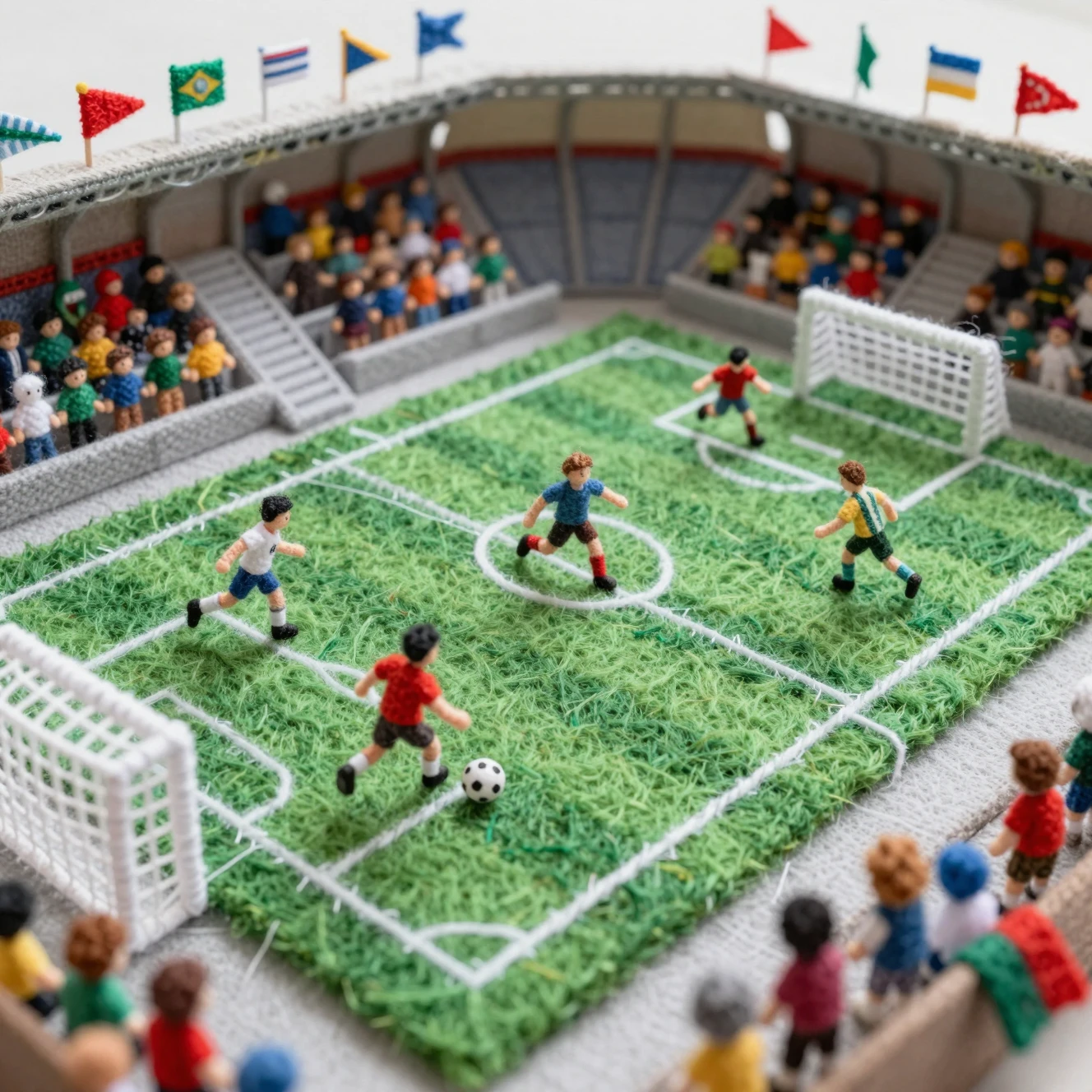 Miniature Wool Soccer Stadium With Colorful Fiber Crowd