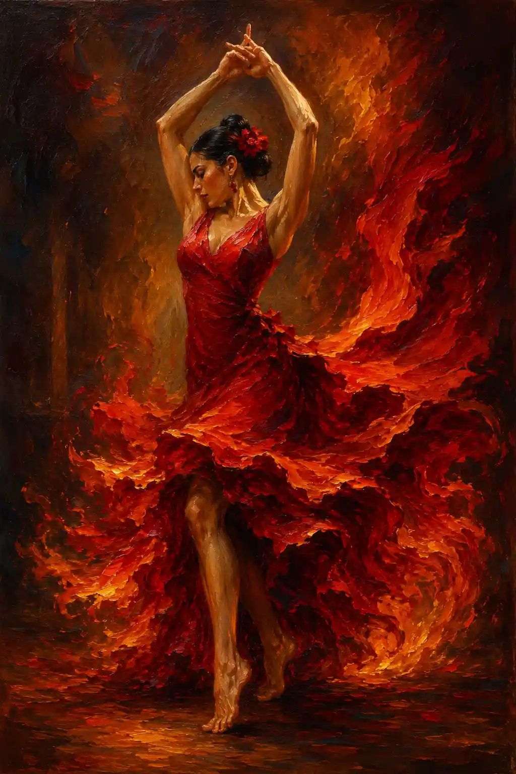 Barefoot woman in red dress dancing with raised arms