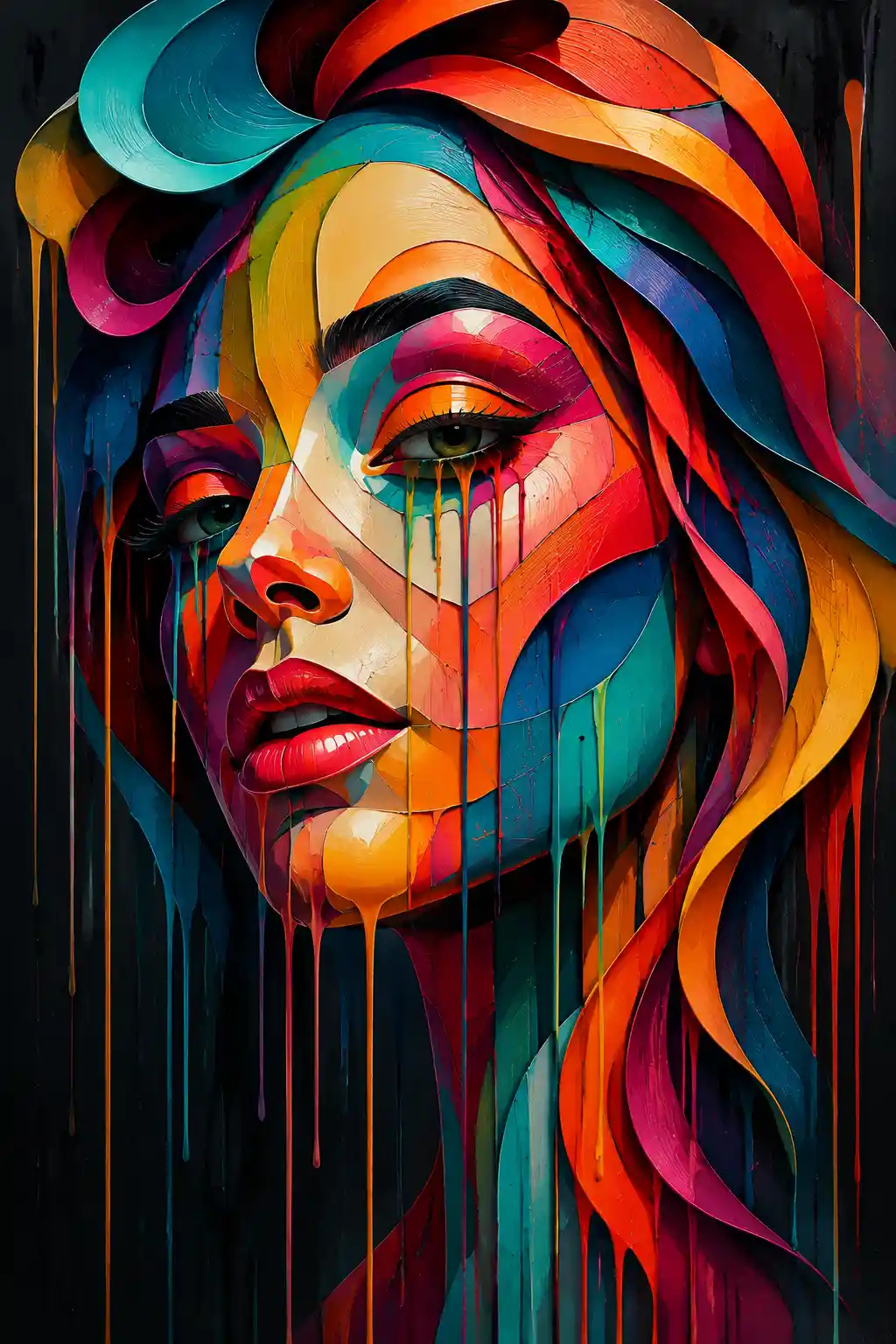 Abstract geometric female face with vivid dripping paint