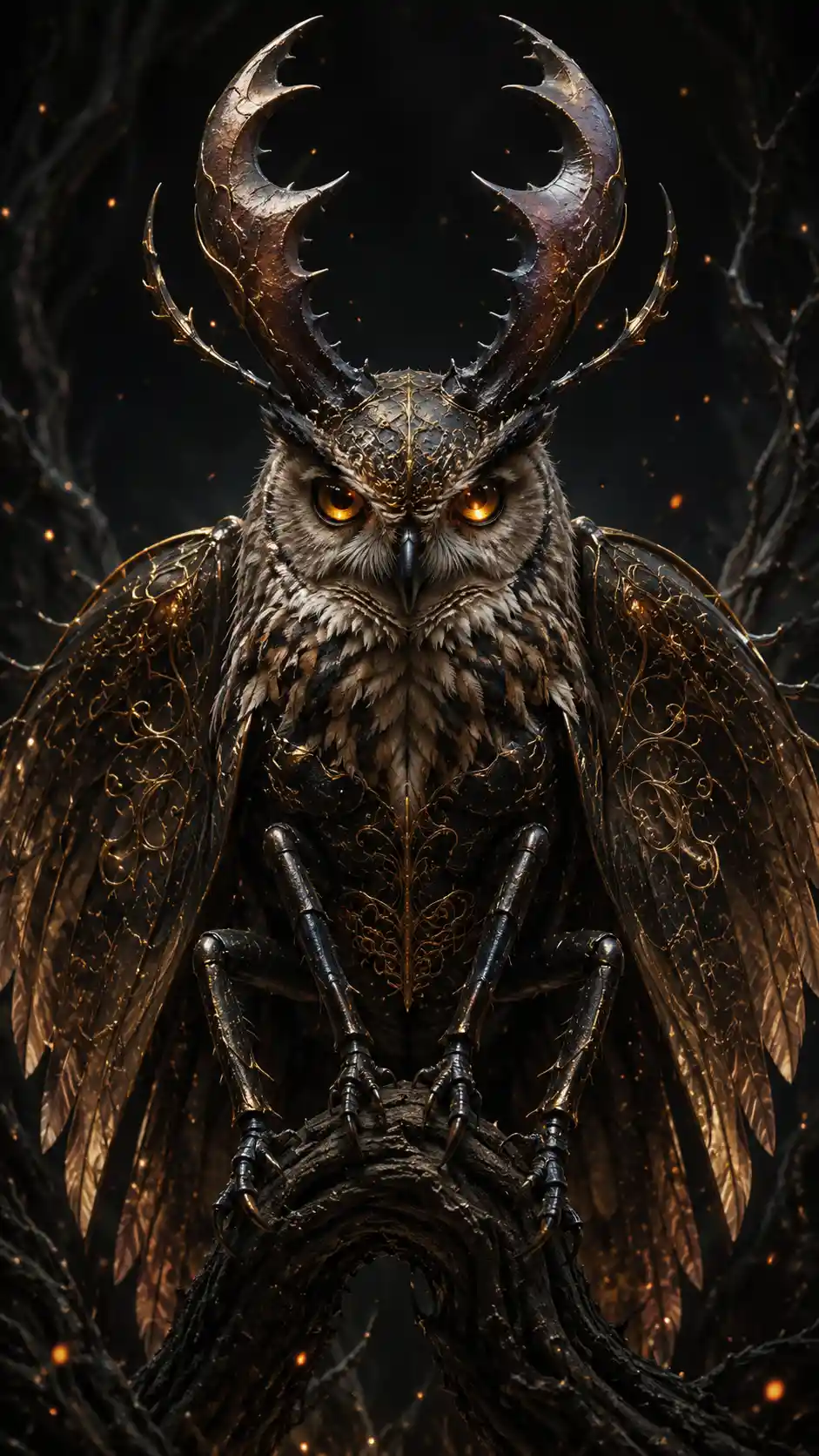Fantasy stag beetle owl hybrid with glowing amber eyes