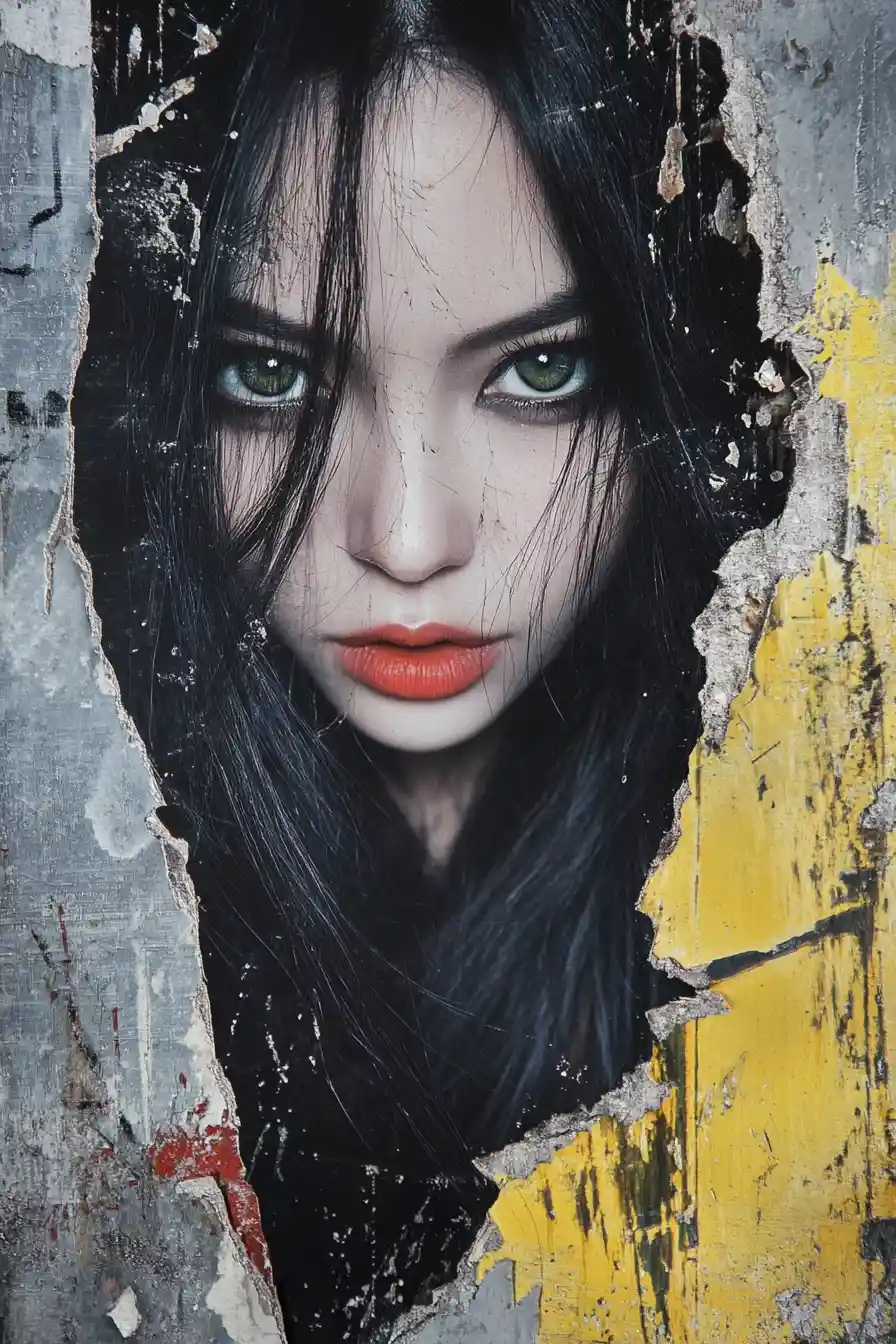 Torn poster of a gothic styled Chinese woman portrait
