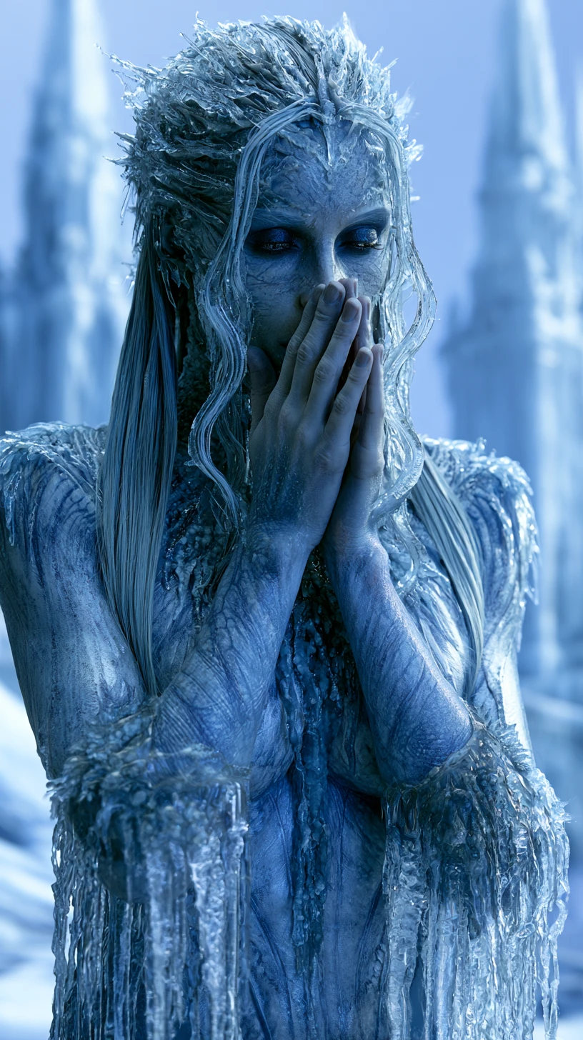 Ice queen unleashing frozen shards in a mystical blast