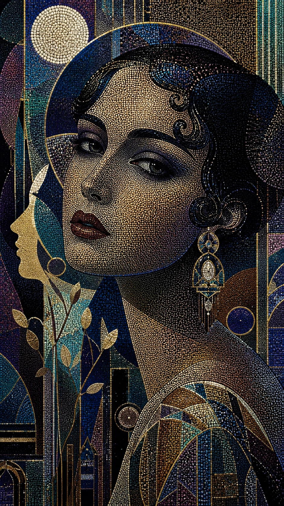 Retrato pontilhista de uma mulher misteriosa em estilo art déco
