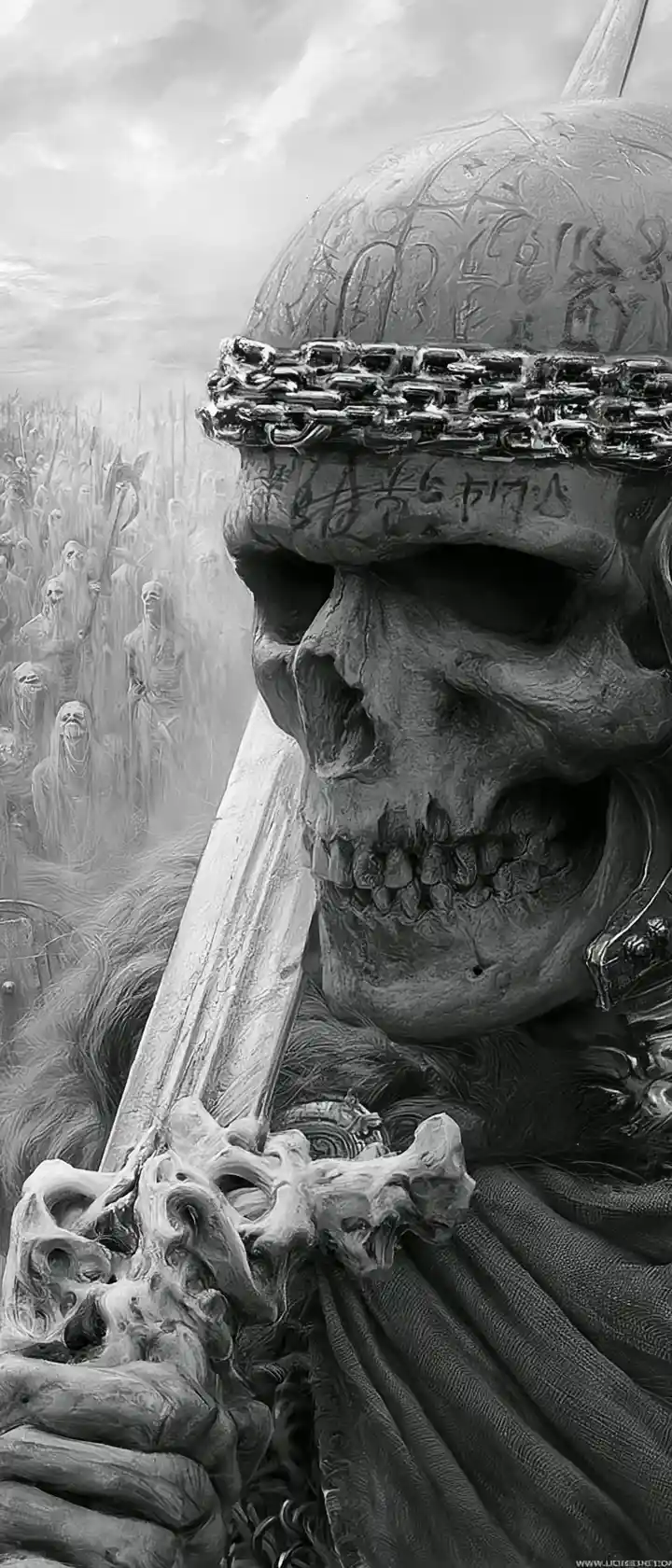 Ominous skeletal warrior portrait on a haunted battlefield