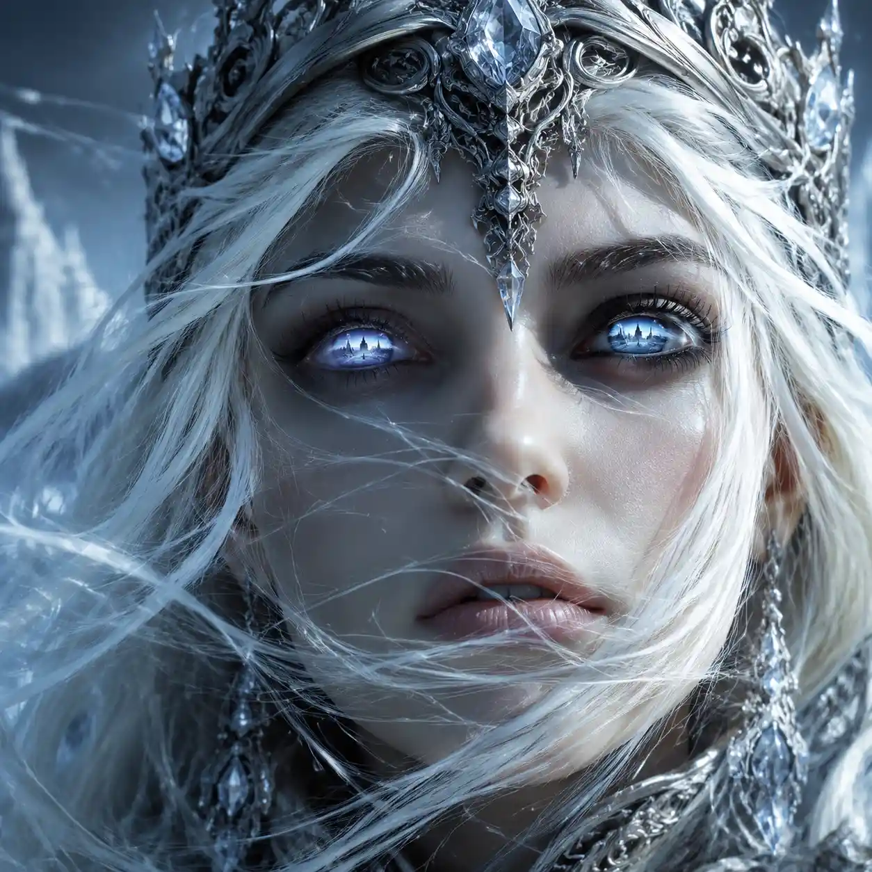 Close up portrait of a crystal oracle with icy vision
