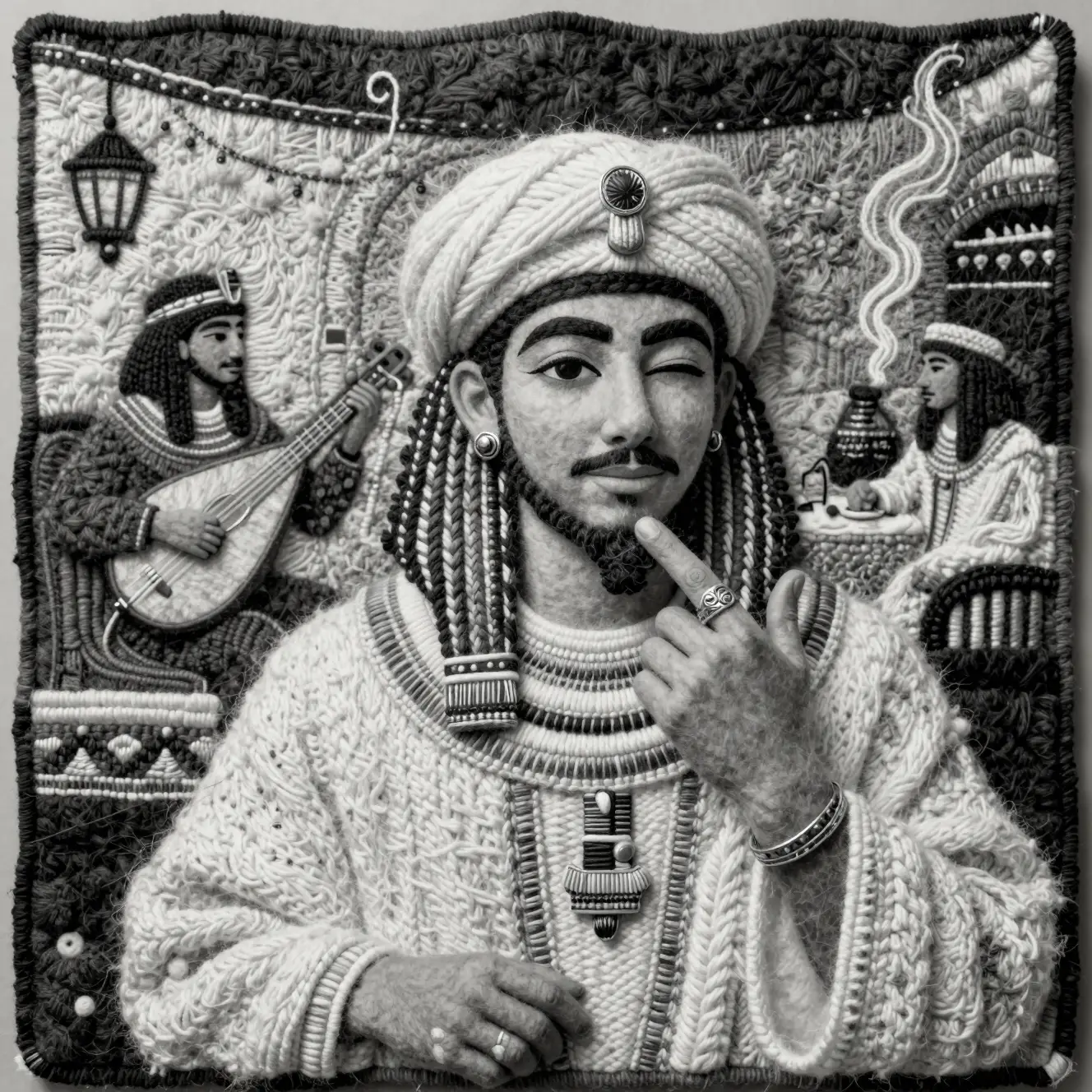 Textile portrait of an Egyptian man in a traditional cafe