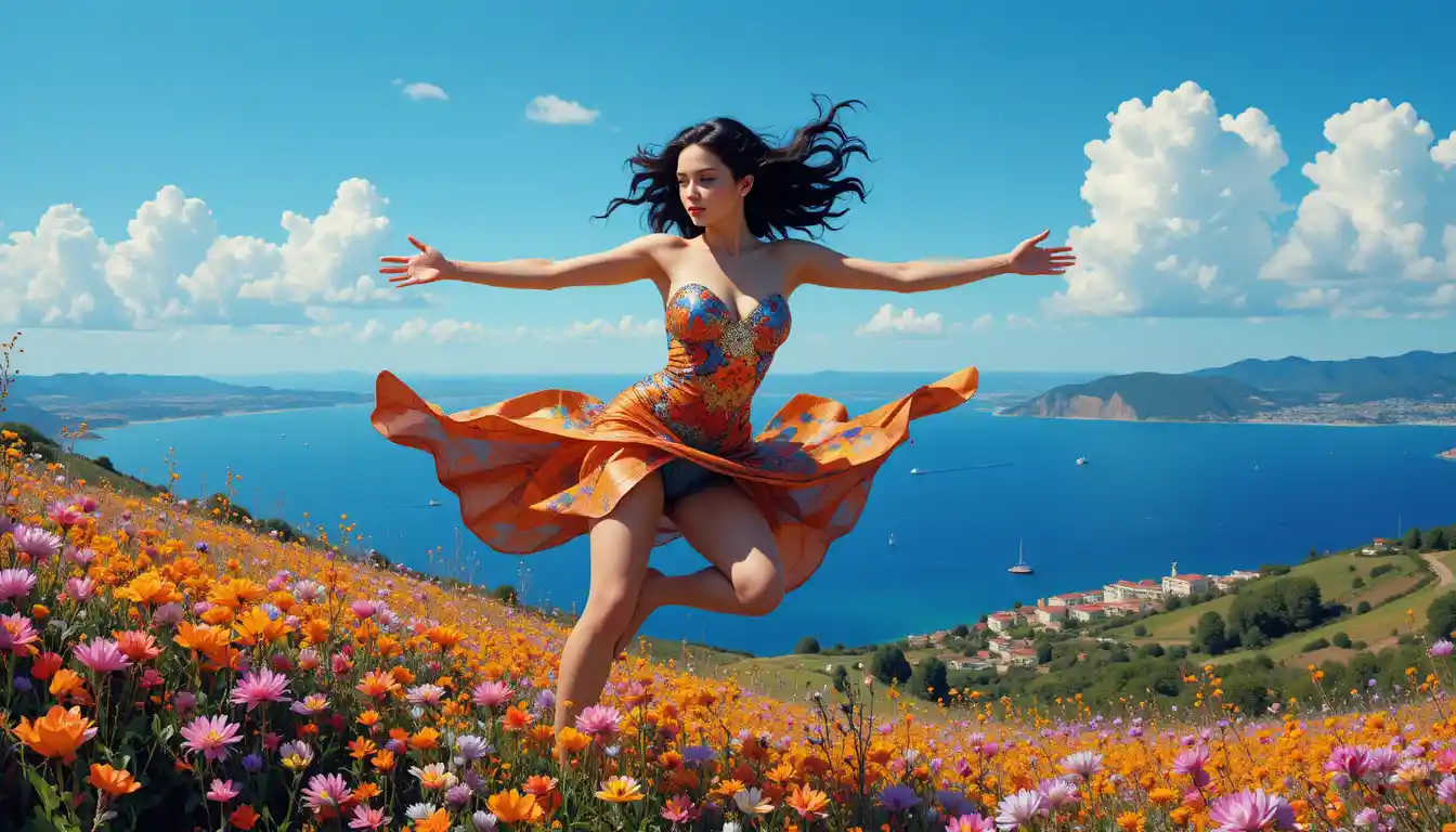 Curvy woman flying above neon wildflower poppy field