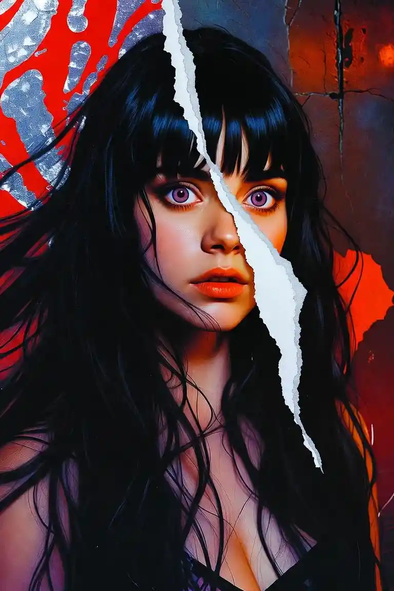 Ripped poster close up of gothic girl with vivid eyes