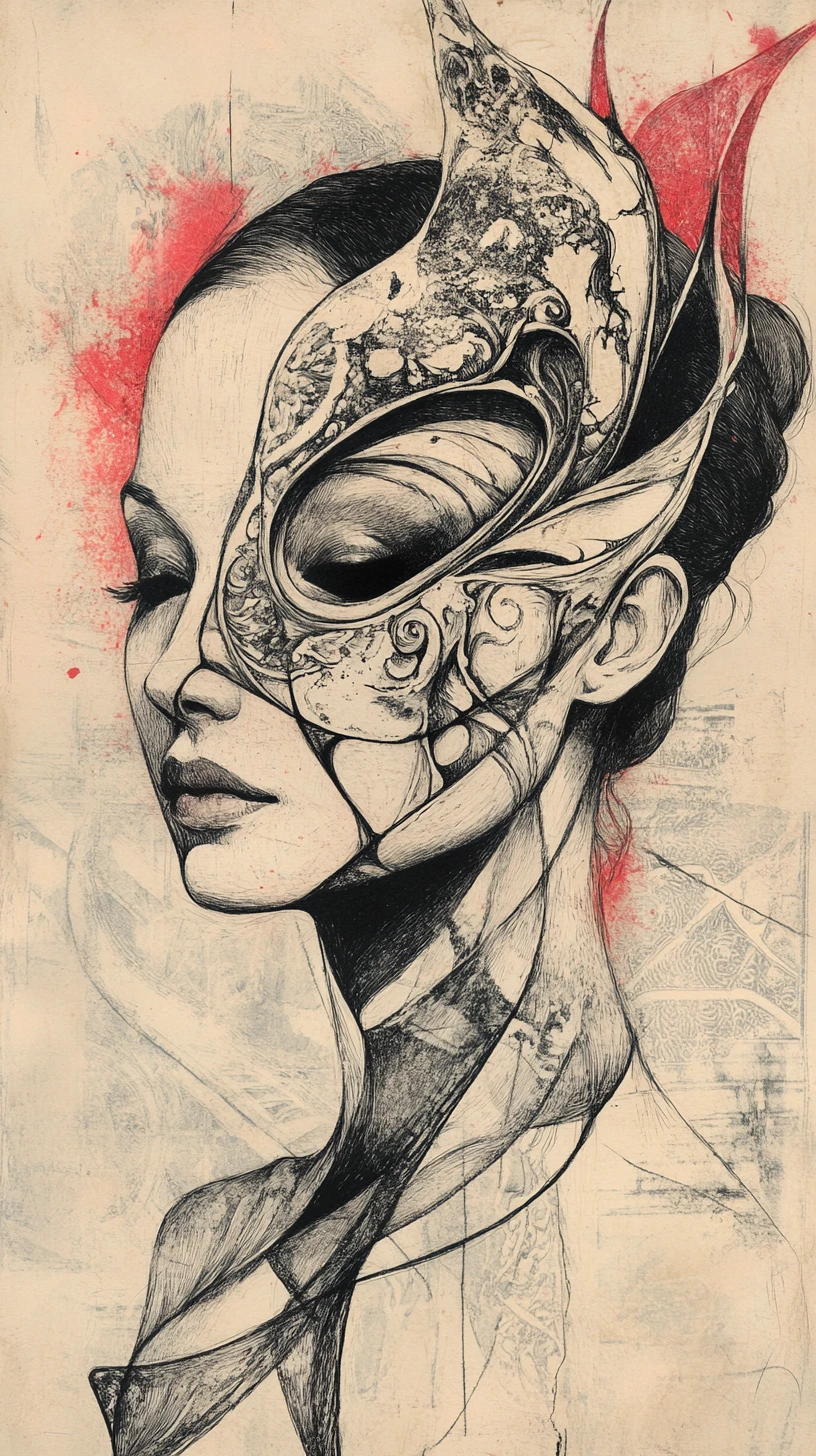 Surreal portrait of a woman with abstract ornamental mask